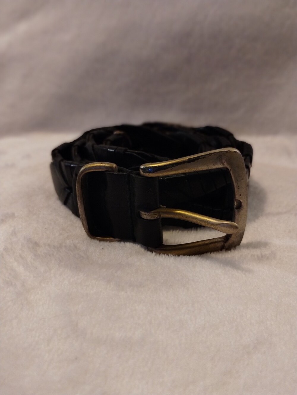 Vintage Bachrach Black Leather Braided Cutout Belt Solid Brass Buckle